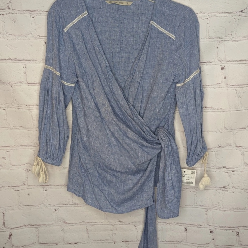 Zara Light Blue Chambray Wrap Blouse